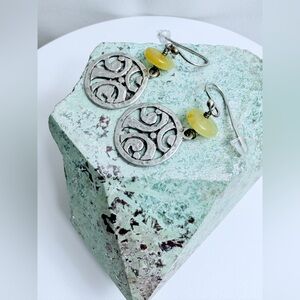 Silpada Rare Sterling Silver Disc & Yellow Serpentine Beaded Wire Drop Earrings